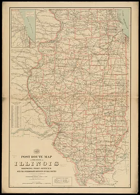 Post route map of the state of Illinois showing post offices with the intermediate distances on mail routes in operation on the 1st of December, 1897