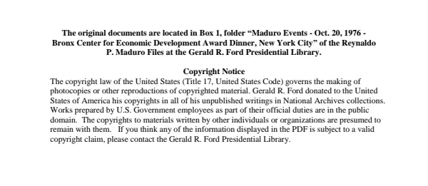 Maduro Events - Oct. 20, 1976 - Bronx Center for Economic Development Award Dinner, New York City