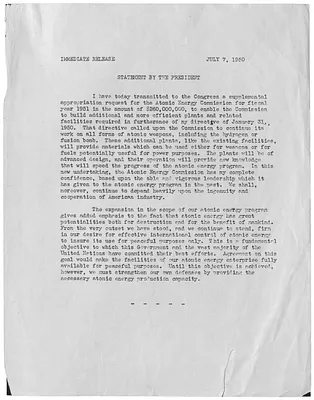 White House Press Release, Statement by President Harry S. Truman