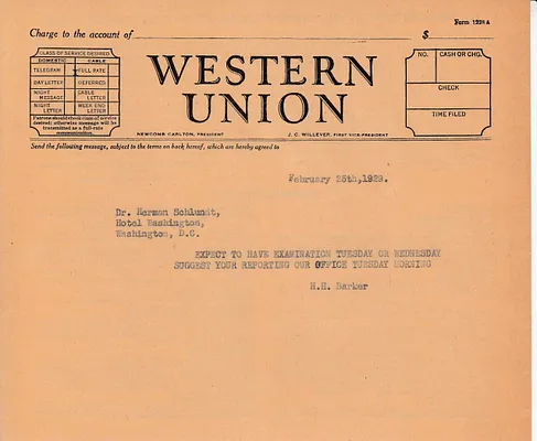 Telegram to Dr. Herman Schlundt, February 25, 1929