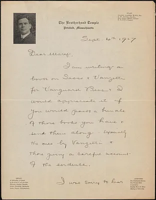 Vincent G. Burns autograph letter signed to Mary Donovan, Pittsfield, Mass., September 4, 1927