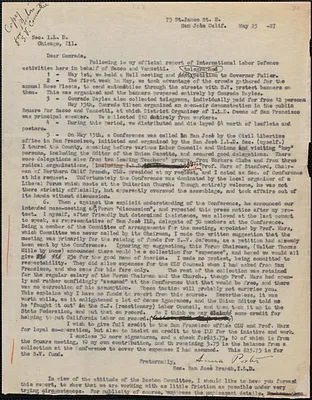 Anna Porter (International Labor Defense, San Jose Branch) typed letter signed (copy) to Secretary, International Labor Defense, Chicago, San Jose, Calif, May 25, 1927