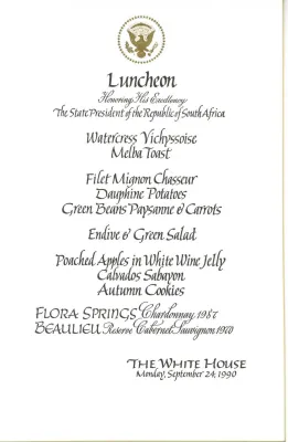 Cards-Menus, Luncheon, Honoring His Excellency The State President of the Republic of South Africa, The White House, September 24, 1990