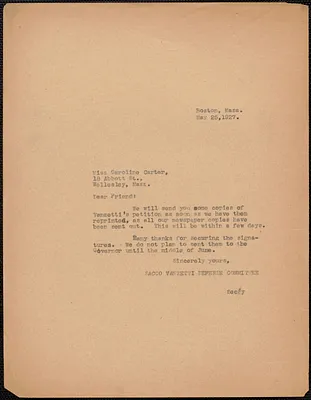 Sacco-Vanzetti Defense Committee typed note (copy) to Caroline Carter, Boston, Mass., May 25, 1927