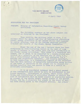 Memorandum from Brigadier General Robert Landry to President Harry S. Truman with Attachment