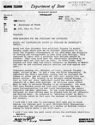 Telegram from Ambassador Henry Grady to Secretary of State Dean Acheson, Number 276