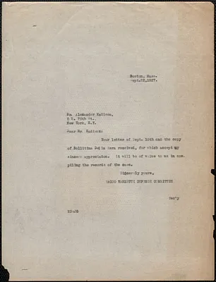Sacco-Vanzetti Defense Committee typed note (copy) to Alexander Kadison, Boston, Mass., September 22, 1927