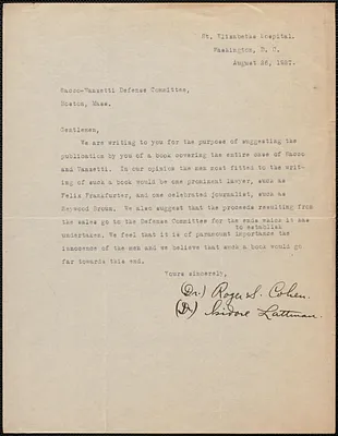 Roger S. Cohen and Isidore Lattman typed note signed to Sacco-Vanzetti Defense Committee, Washington, D. C., August 26, 1927