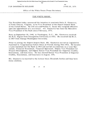 President to nominate Delio E. Gianturco as Vice President of the Export-Import Bank of the United States [Position Appointments and Resignations]