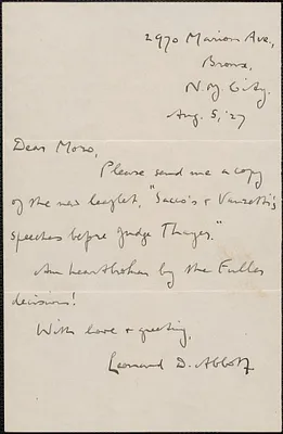Leonard D. Abbott (The Square Deal) autograph note signed to Joseph Moro, Bronx, N.Y., 5 August 1927