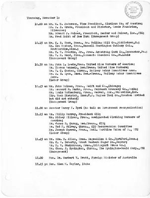 Daily Appointment Sheet for President Harry S. Truman