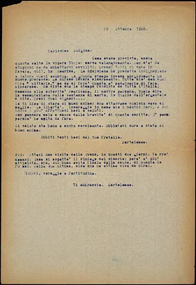 Bartolomeo Vanzetti typed letter (copy) to Luigia Vanzetti, [Charlestown], 29 October 1926