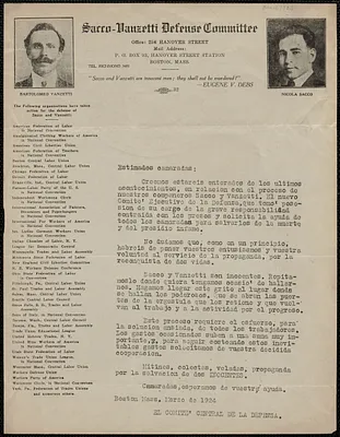 Sacco-Vanzetti Defense Committee typed letter (circular), in Spanish, Boston, Mass., March 1924