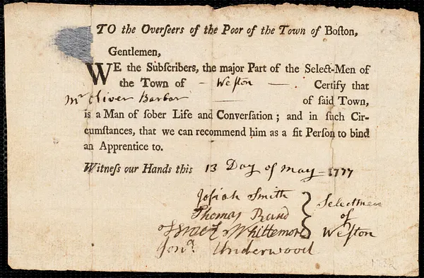 Matthew Lucas indentured to apprentice with Oliver Barber of Weston, 14 June 1777