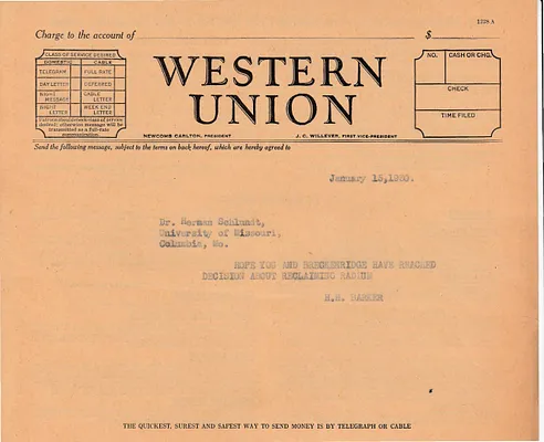 Telegram to Dr. Herman Schlundt, January 15, 1930