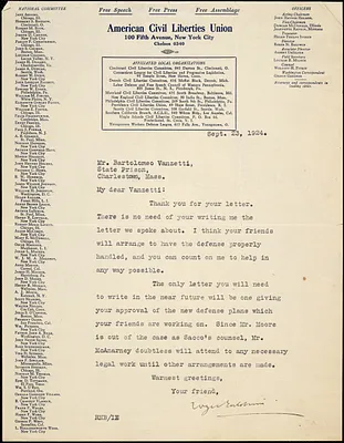 Roger Nash Baldwin typed note signed to Bartolomeo Vanzetti, New York, 23 September 1924