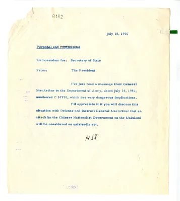 Memorandum from President Harry S. Truman to Secretary of State Dean Acheson, with Attached Telegram