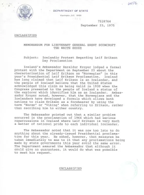 Memorandum from George S. Springsteen to Lieutenant General Brent Scowcroft Regarding Icelandic Protest Regarding Leif Erikson Day Proclamation