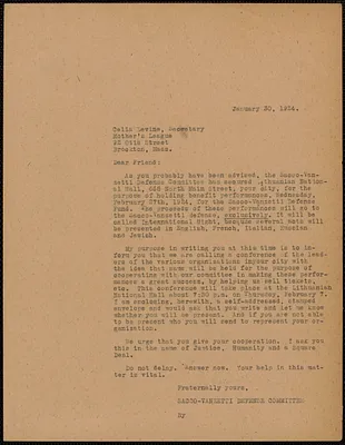 Sacco-Vanzetti Defense Committee typed letter (copy) to Celia Levine (Mother's League), Boston, Mass., January 30, 1924
