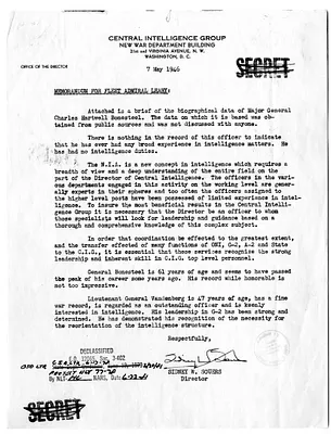 Memorandum from Sidney Souers to Admiral William D. Leahy, with Attachment and Related Material
