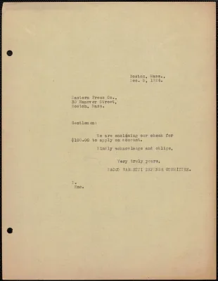 Sacco-Vanzetti Defense Committee typed note (copy) to Eastern Press Co., Boston, Mass., December 5, 1924