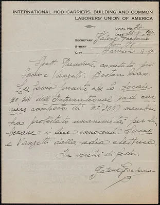 Fatone Gaetano (International Hod Carriers', Building and Common Laborers' Union of America) autograph note signed to Sacco-Vanzetti Defense Committee, Harrison, N.J., May 25, 1927