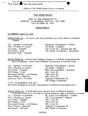 Press Pools for Trip of the President to Oregon, California, Nevada, and Ohio, May 22 thru 26, 1976 [Pool Assignments]
