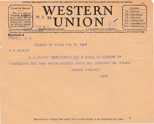 Telegram to H.H. Barker, March 24, 1930