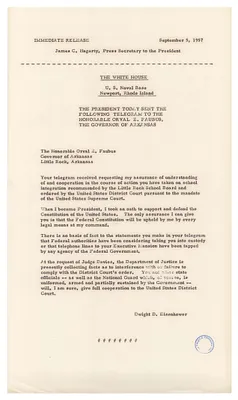 Press Release, President Eisenhower's Telegram to Governor Orval Faubus