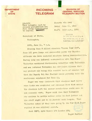 Telegram from Alexander Kirk to Secrertary of State Edward Stettinius