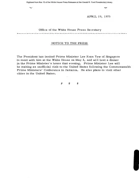 President Will Meet with Prime Minister Lee Kuan Yew of Singapore in May [Notice to Press]