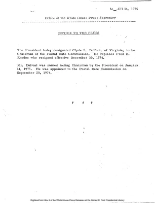 President Designates Clyde S. DuPont as Chairman of the Postal Rate Commission [Position Appointments and Resignations]