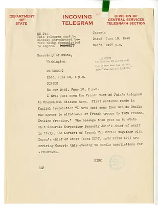 Telegram from Alexander Kirk to Secrertary of State Edward Stettinius