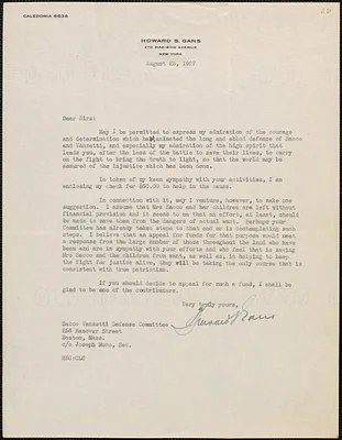 Howard Gans typed letter signed to Sacco-Vanzetti Defense Committee, New York, N. Y., August 25, 1927