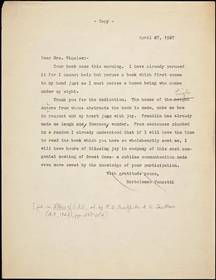 Bartolomeo Vanzetti typed letter (copy) to Gertrude L. Winslow, [Dedham], 27 April 1927