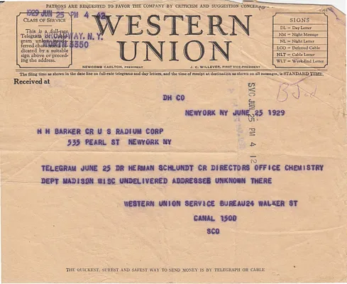 Telegram to H.H. Barker, June 25, 1929