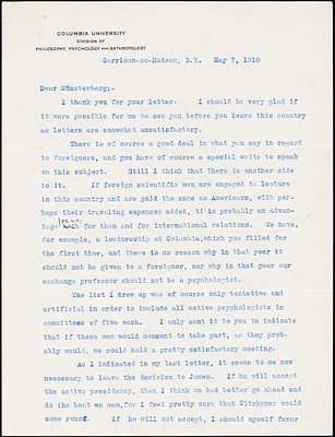 Cattell, James McKeen, 1860-1944 typed letter signed to Hugo Münsterberg, Garrison-on-Hudson, 7 May 1910