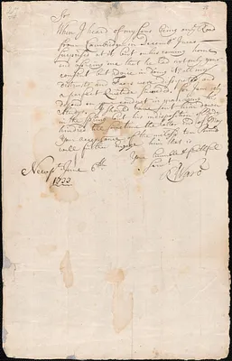 Letter from Richard Ward, Newport, to Nathan Prince, Cambridge, 1733 June 6