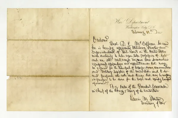 Letter Appointing Daniel Craig McCallum Military Director and Superintendent of Railroads, February 11, 1862