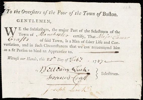 Isaac Corbet indentured to apprentice with Eleazer Crofts [Crafts] of Manchester, 5 April 1787