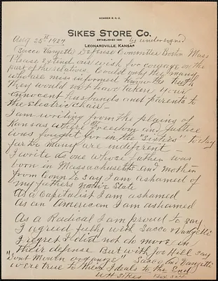 W. H. Sikes autograph letter signed to Sacco-Vanzetti Defense Committee, Leonardville, Kan., August 25, 1927