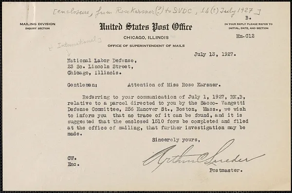 Arthur C. Lueder typed note signed to Rose Karsner (International Labor Defense), Chicago, Ill., July 13, 1927