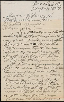 Clarence Smith autograph letter signed to Sacco-Vanzetti Defense Committee, Omaha, Neb., August 4, 1927