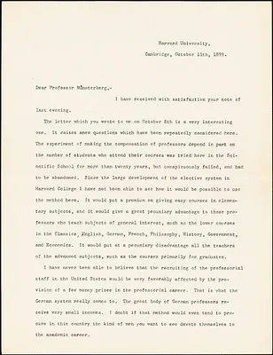 Eliot, Charles William, 1834-1926 typed letter signed to Hugo Münsterberg, Cambridge, Mass., 11 October 1898
