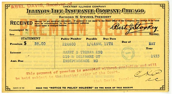 Premium Notice for Harry S. Truman, Illinois Life Insurance Company