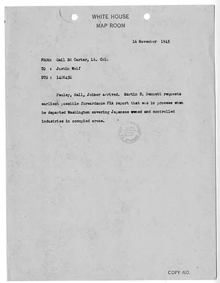 Cable from Lieutenant Colonel Gail Carter to Justin Wolf