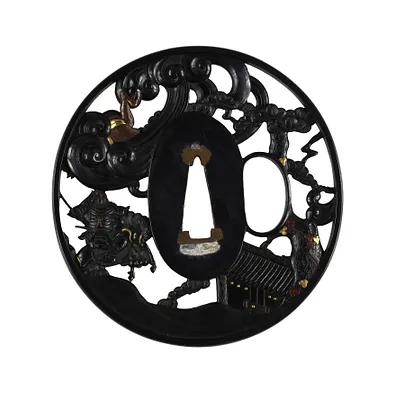 Tsuba with the Samurai Watanabe no Tsuna Battling a Demon at Rashomon Gate