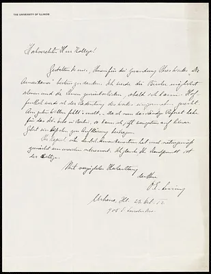 Lessing, Otto Eduard, b. 1875 autograph letter signed to Hugo Münsterberg, Urbana, Ill., 23 October 1912