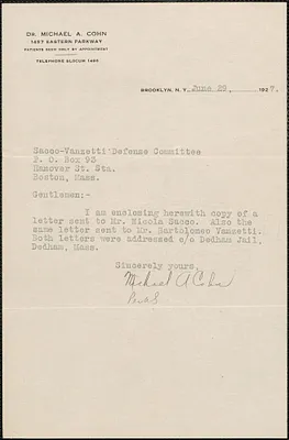 Michael A. Cohn typed note signed to Sacco-Vanzetti Defense Committee, Brooklyn, N.Y., June 29, 1927
