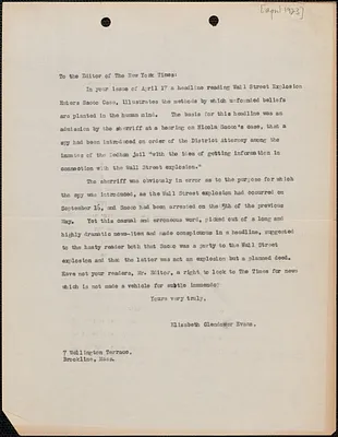 Elizabeth Glendower Evans typed letter (copy) to Editor, The New York Times, Brookline, Mass., [April 1923]